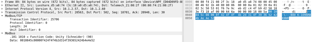 Wireshark: the reservation down to the byte, UMAS function 0x10 and the PC name in the clear